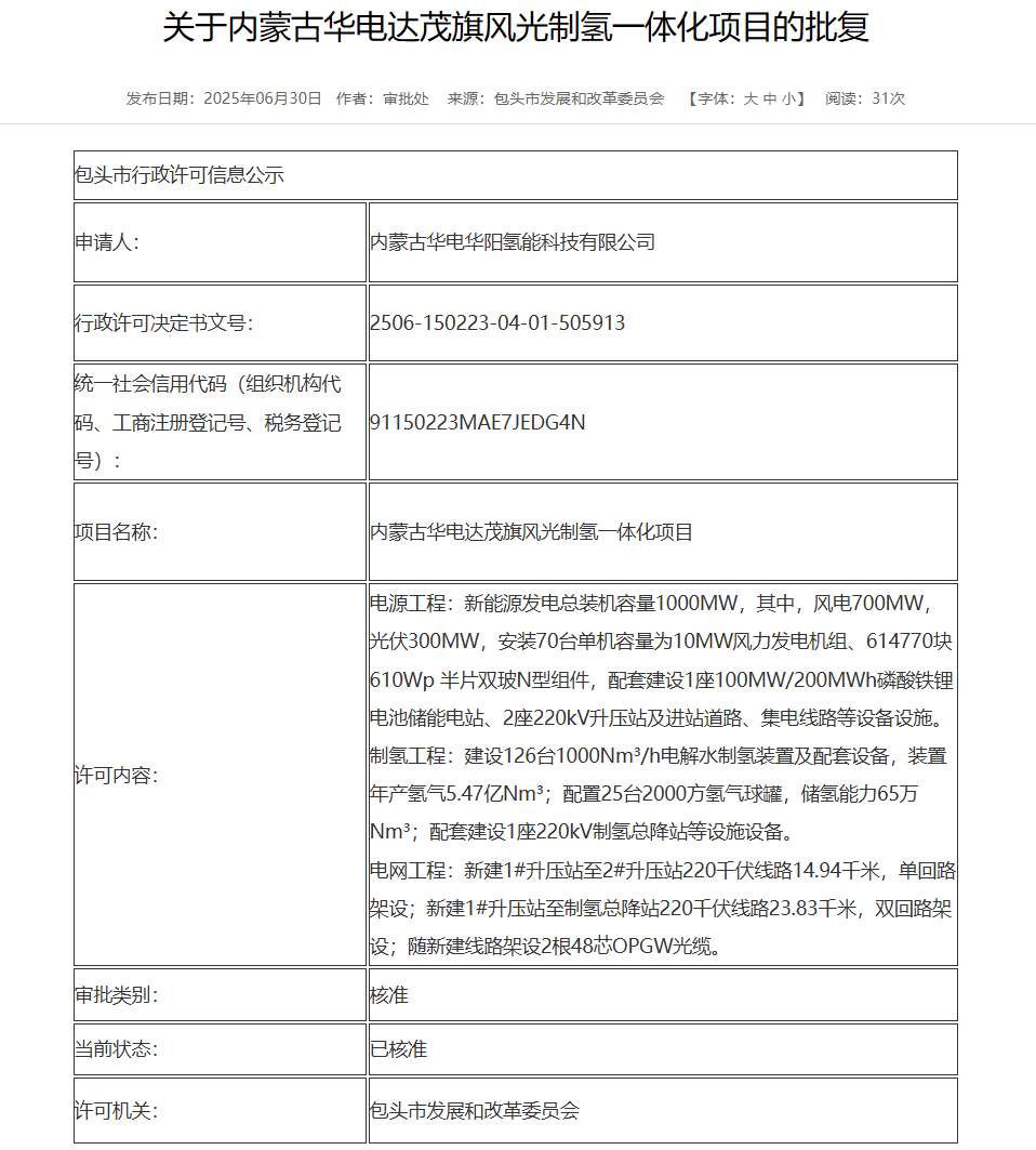 70臺(tái)10MW！華電風(fēng)光制氫一體化項(xiàng)目獲批復(fù)