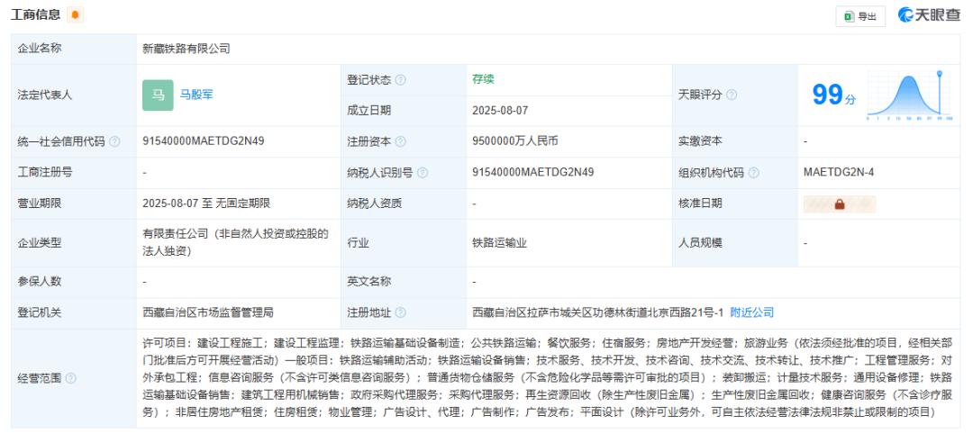 新藏鐵路公司成立，注冊資本950億元